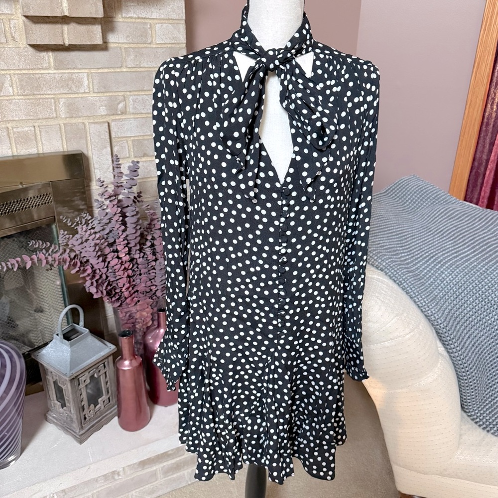 ANTHROPOLOGIE Long Sleeve Tie Neck Swing Mini Dress - Black & White